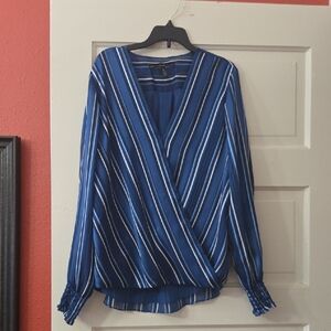 White House Black Market Blue Striped Wrap Blouse